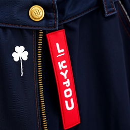 A close-up view of an open zipper on dark denim pants, featuring a bronze zipper pull