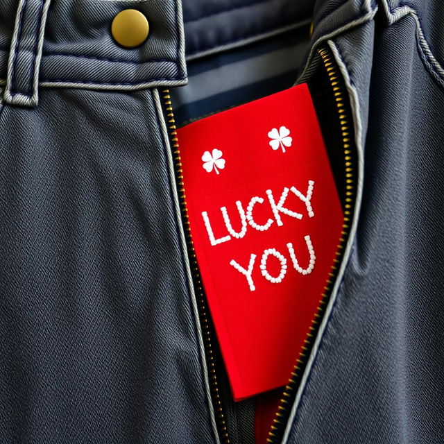 A close-up view of an open zipper on dark grayish denim pants, featuring a bronze zipper pull