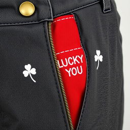 A close-up view of an open zipper on dark grayish denim pants, featuring a bronze zipper pull