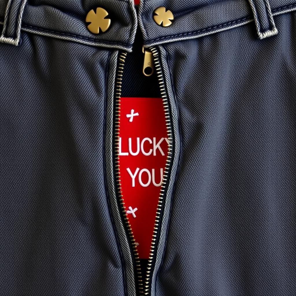 A close-up view of an open zipper on dark grayish denim pants, featuring a bronze zipper pull