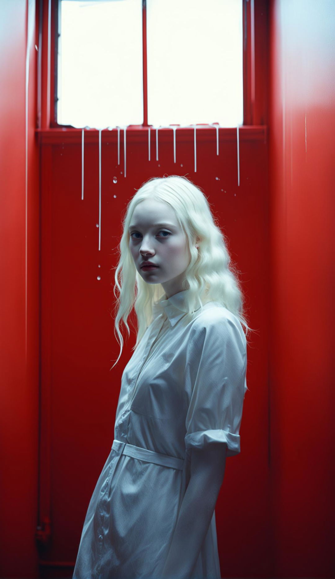 Albino teenage girl in white dress in a minimalist red room under low light. Rain visible through window. Raw, unedited 16k photograph capturing side view of symmetrical facial features.