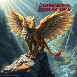 A vibrant and fantastical Dungeons & Dragons themed creature, resembling a majestic griffon with shimmering feathers and a lion-like body