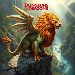 A vibrant and fantastical Dungeons & Dragons themed creature, resembling a majestic griffon with shimmering feathers and a lion-like body