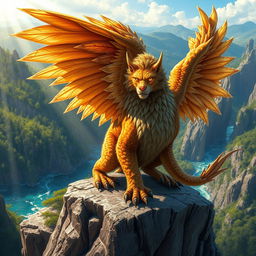 A vibrant and fantastical Dungeons & Dragons themed creature, resembling a majestic griffon with shimmering feathers and a lion-like body