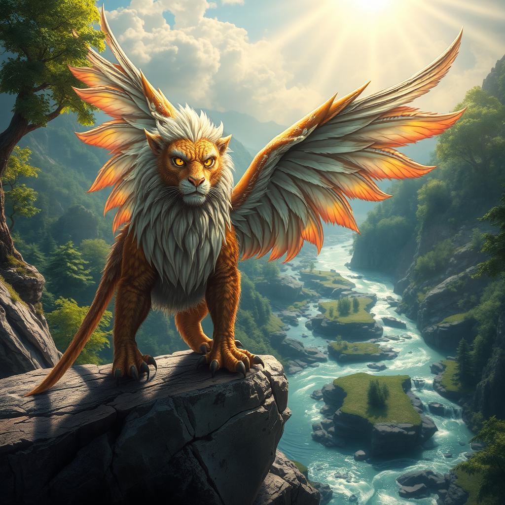 A vibrant and fantastical Dungeons & Dragons themed creature, resembling a majestic griffon with shimmering feathers and a lion-like body