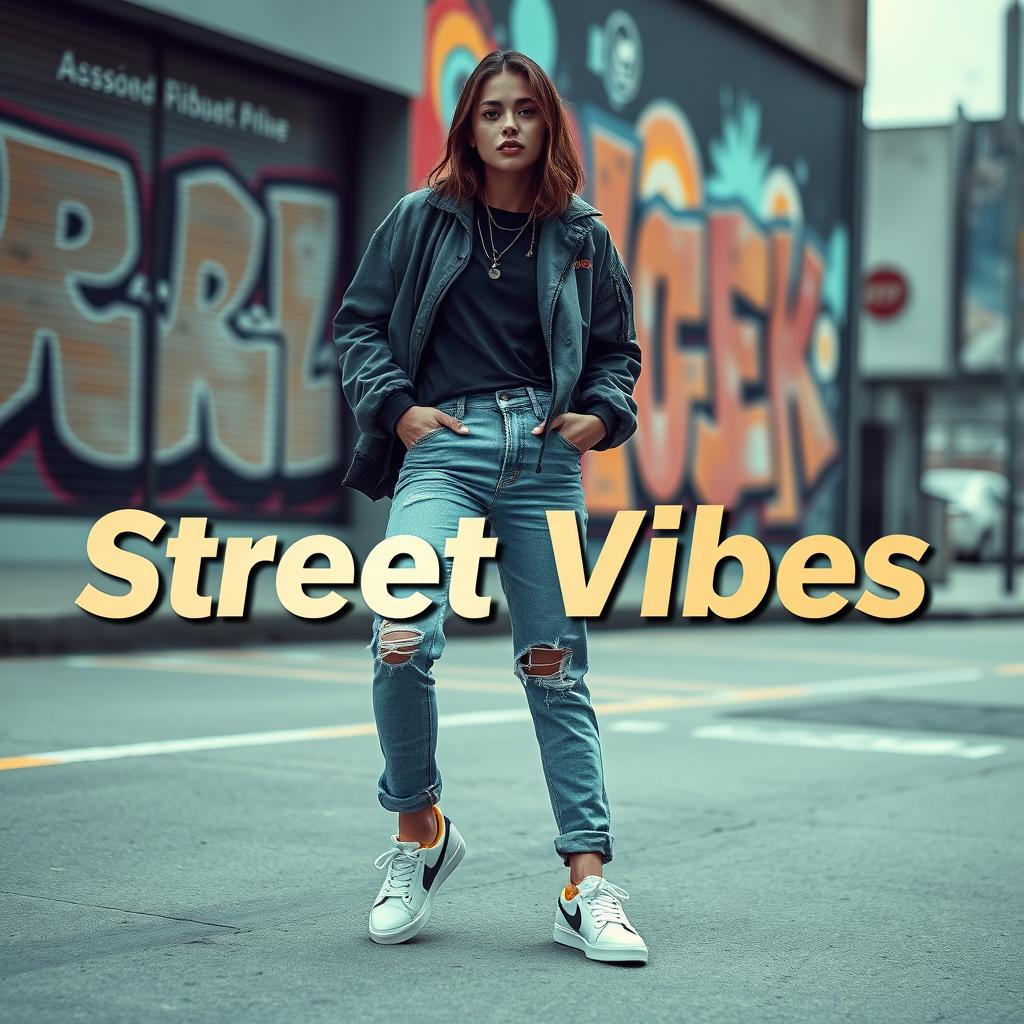 An Instagram-worthy image featuring a streetwear model confidently posing in stylish jeans and trendy sneakers