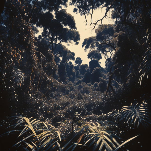 Intense, high-definition cinema photography style shot of sunlight poking through trees in an African jungle.