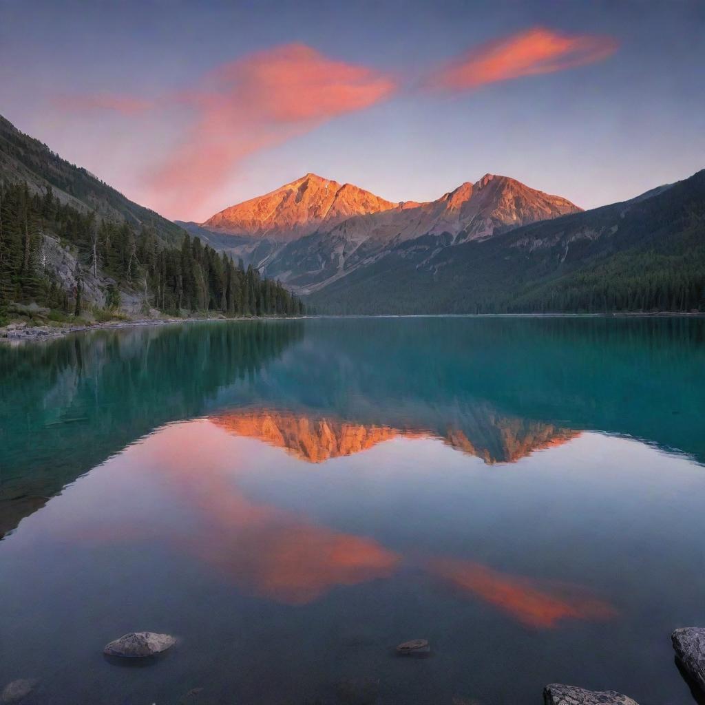 Create a serene image of a jaw-dropping sunrise breaking over a crystal-clear, mountain-lined lake, reflecting the radiant colors of dawn's light