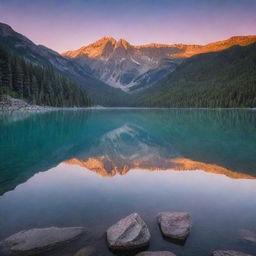 Create a serene image of a jaw-dropping sunrise breaking over a crystal-clear, mountain-lined lake, reflecting the radiant colors of dawn's light