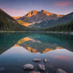 Create a serene image of a jaw-dropping sunrise breaking over a crystal-clear, mountain-lined lake, reflecting the radiant colors of dawn's light