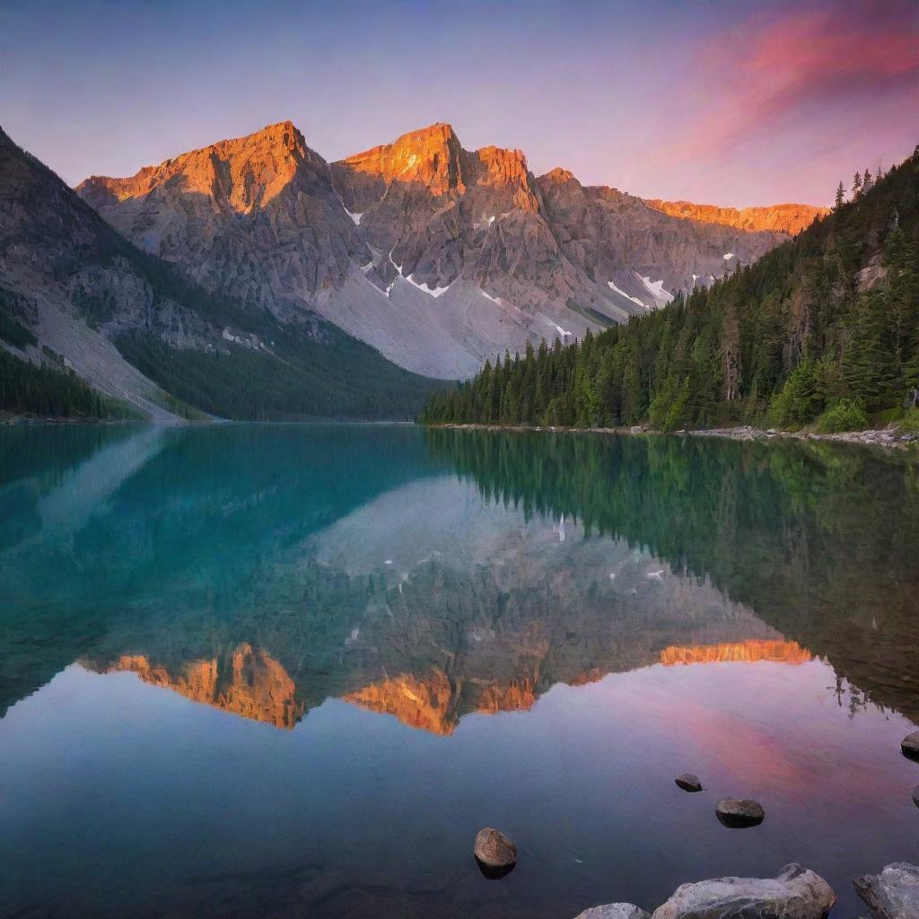 Create a serene image of a jaw-dropping sunrise breaking over a crystal-clear, mountain-lined lake, reflecting the radiant colors of dawn's light