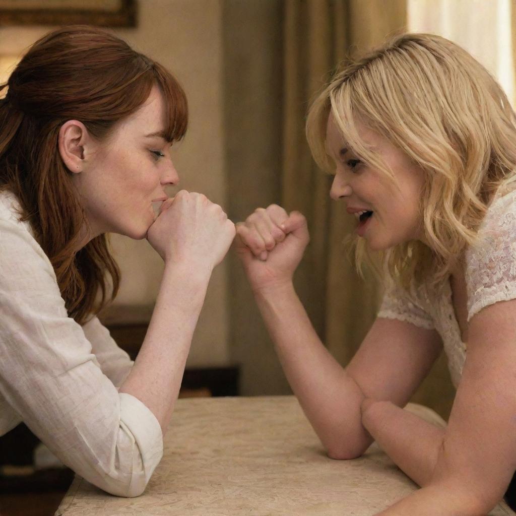 Emma Stone and Margot Robbie in an intense arm-wrestling face-off in a cozy living room setting. Their expressions are fierce, the atmosphere is charged and the background is filled with homey details.