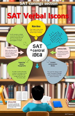 An informative diagram illustrating the central idea in SAT verbal sections, showcasing key components such as main ideas, supporting details, context clues, and inference skills