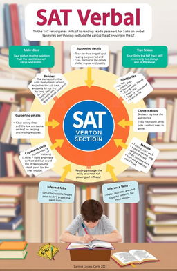 An informative diagram illustrating the central idea in SAT verbal sections, showcasing key components such as main ideas, supporting details, context clues, and inference skills