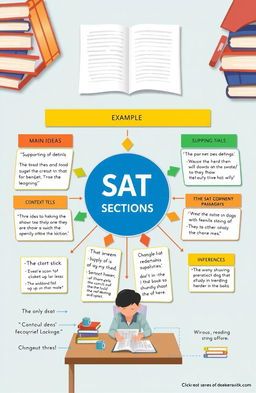 An informative diagram illustrating the central idea in SAT verbal sections, showcasing key components such as main ideas, supporting details, context clues, and inference skills