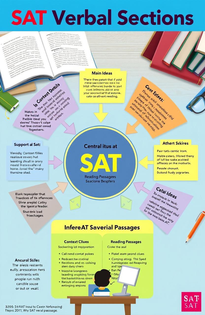 An informative diagram illustrating the central idea in SAT verbal sections, showcasing key components such as main ideas, supporting details, context clues, and inference skills