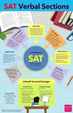 An informative diagram illustrating the central idea in SAT verbal sections, showcasing key components such as main ideas, supporting details, context clues, and inference skills