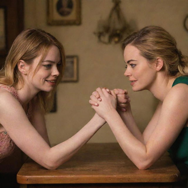 Emma Stone and Margot Robbie in an intense arm-wrestling face-off in a cozy living room setting. Their expressions are fierce, the atmosphere is charged and the background is filled with homey details.