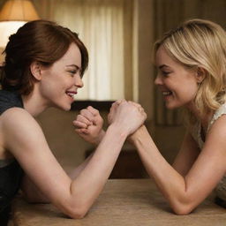 Emma Stone and Margot Robbie in an intense arm-wrestling face-off in a cozy living room setting. Their expressions are fierce, the atmosphere is charged and the background is filled with homey details.