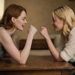 Emma Stone and Margot Robbie in an intense arm-wrestling face-off in a cozy living room setting. Their expressions are fierce, the atmosphere is charged and the background is filled with homey details.