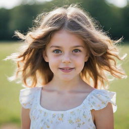 A portrait of a young girl with bright, innocent eyes, wearing a sundress, her hair gently blowing in the breeze as she gives a subtle, warm smile.