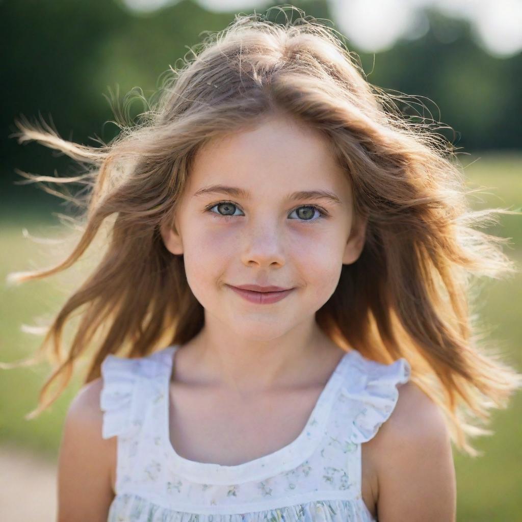 A portrait of a young girl with bright, innocent eyes, wearing a sundress, her hair gently blowing in the breeze as she gives a subtle, warm smile.