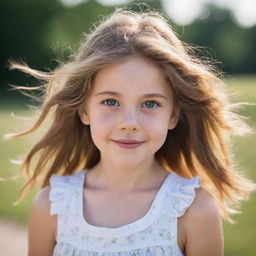 A portrait of a young girl with bright, innocent eyes, wearing a sundress, her hair gently blowing in the breeze as she gives a subtle, warm smile.