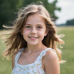 A portrait of a young girl with bright, innocent eyes, wearing a sundress, her hair gently blowing in the breeze as she gives a subtle, warm smile.