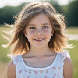 A portrait of a young girl with bright, innocent eyes, wearing a sundress, her hair gently blowing in the breeze as she gives a subtle, warm smile.