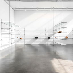 A vast, modern exhibition space featuring large empty shelves designed for displaying various objects