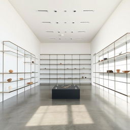 A vast, modern exhibition space featuring large empty shelves designed for displaying various objects