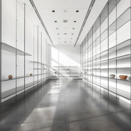 A vast, modern exhibition space featuring large empty shelves designed for displaying various objects