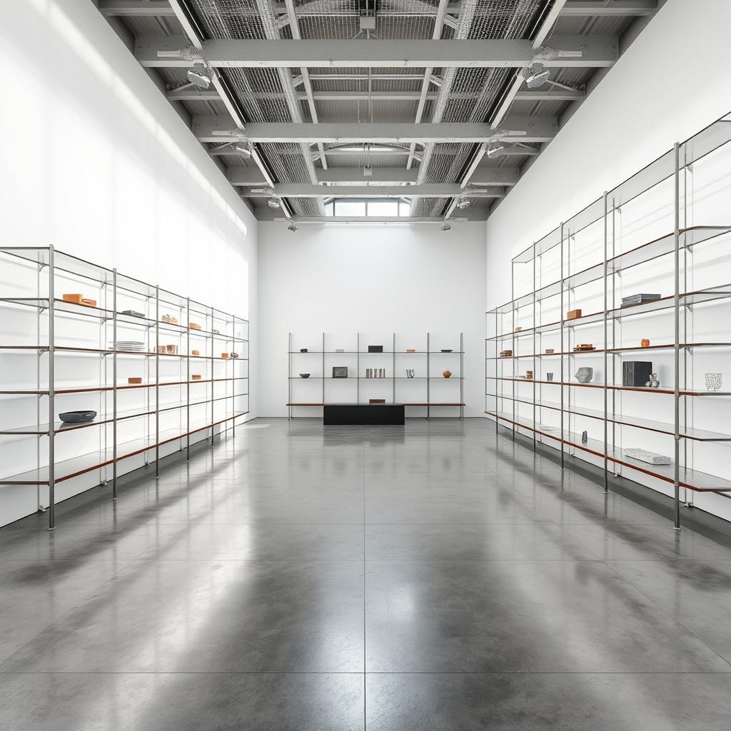 A vast, modern exhibition space featuring large empty shelves designed for displaying various objects