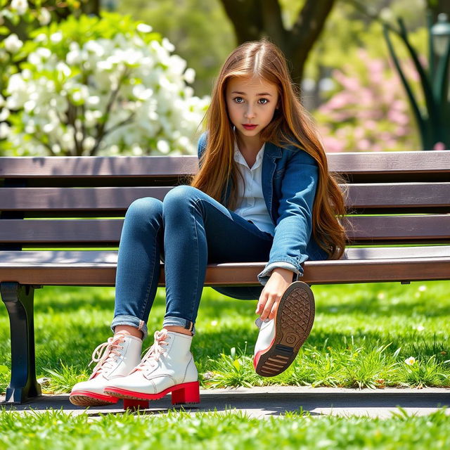 A tall, elegant girl with long hair and a curious expression, sitting on a park bench as she observes in fascination her feet magically growing out of her shoes