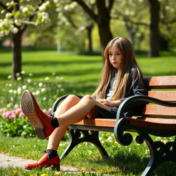 A tall, elegant girl with long hair and a curious expression, sitting on a park bench as she observes in fascination her feet magically growing out of her shoes