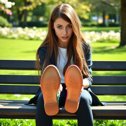 A tall, elegant girl with long hair and a curious expression, sitting on a park bench as she observes in fascination her feet magically growing out of her shoes