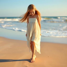 A tall, graceful girl with long flowing hair, looking down in astonishment as her bare feet grow longer and bigger while she stands on a sandy beach