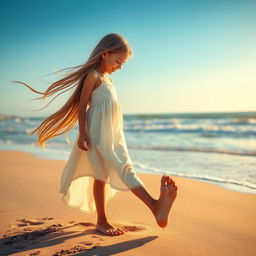 A tall, graceful girl with long flowing hair, looking down in astonishment as her bare feet grow longer and bigger while she stands on a sandy beach