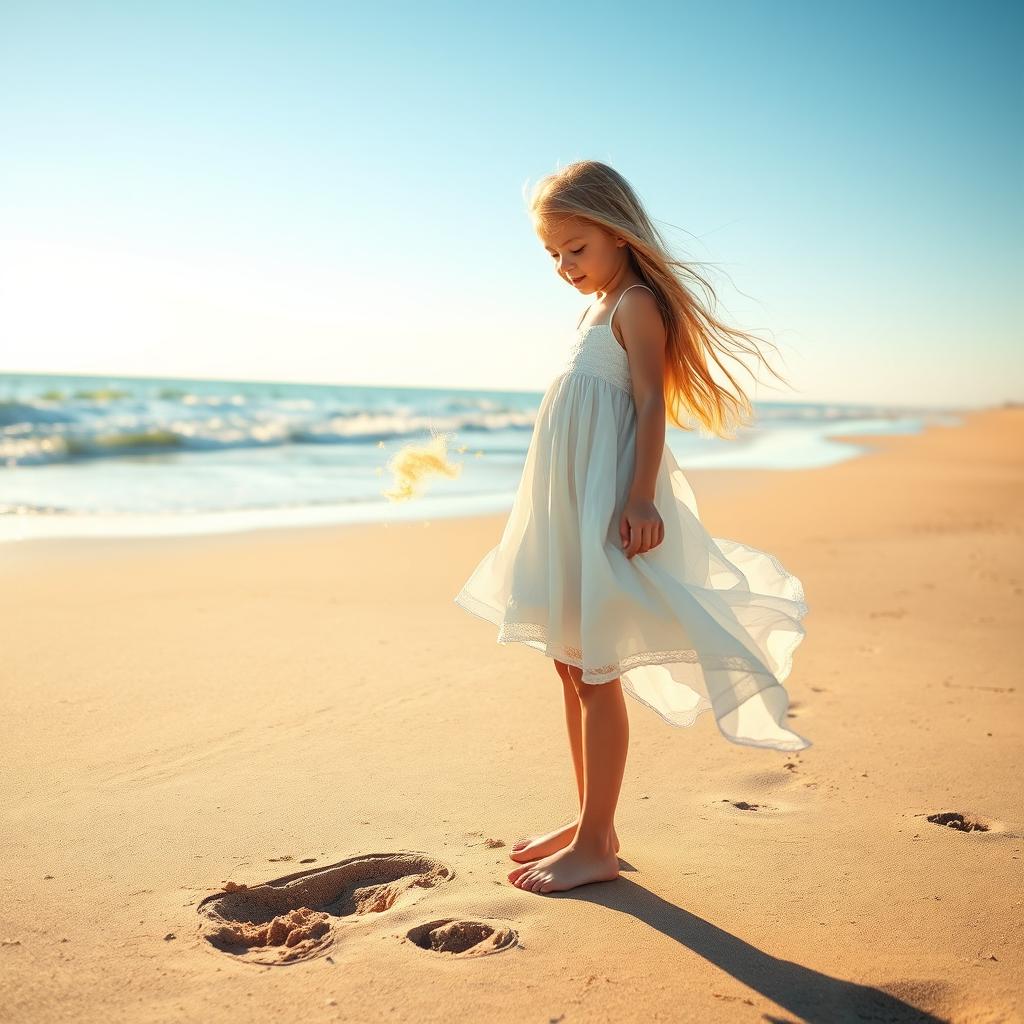 A tall, graceful girl with long flowing hair, looking down in astonishment as her bare feet grow longer and bigger while she stands on a sandy beach