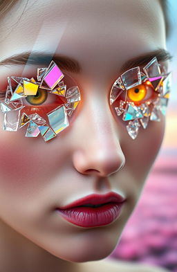 A surreal and artistic interpretation featuring a close-up of a human face with eyes made of shattered glass