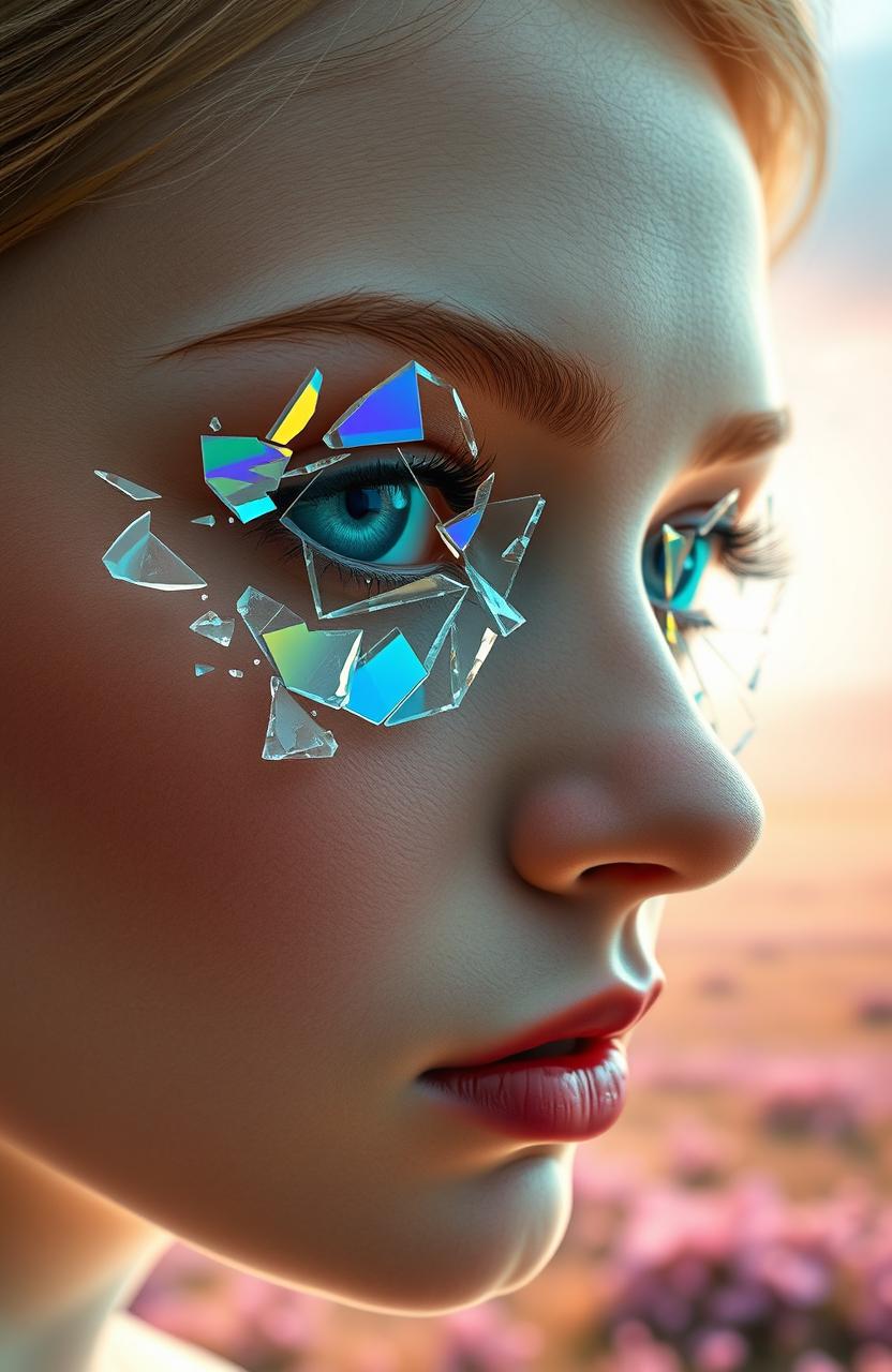 A surreal and artistic interpretation featuring a close-up of a human face with eyes made of shattered glass