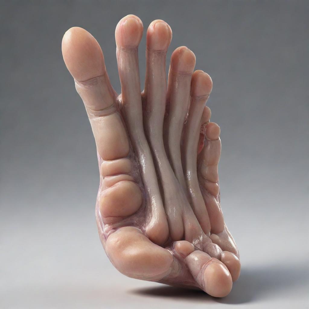 A realistic and detailed visual representation of a human foot, highlighting its anatomical features such as toes, arch, and heel.