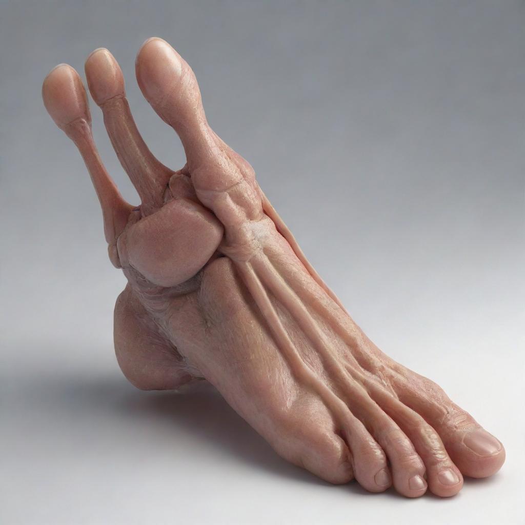 A realistic and detailed visual representation of a human foot, highlighting its anatomical features such as toes, arch, and heel.