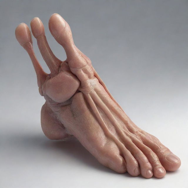 A realistic and detailed visual representation of a human foot, highlighting its anatomical features such as toes, arch, and heel.