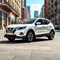 A hyper-realistic depiction of a Nissan Qashqai featuring a striking white exterior that exudes elegance and aesthetic sophistication