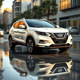 A hyper-realistic depiction of a Nissan Qashqai featuring a striking white exterior that exudes elegance and aesthetic sophistication