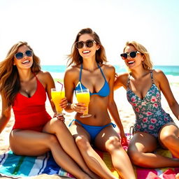 A vibrant and lively scene featuring three attractive young women enjoying a sunny day at the beach