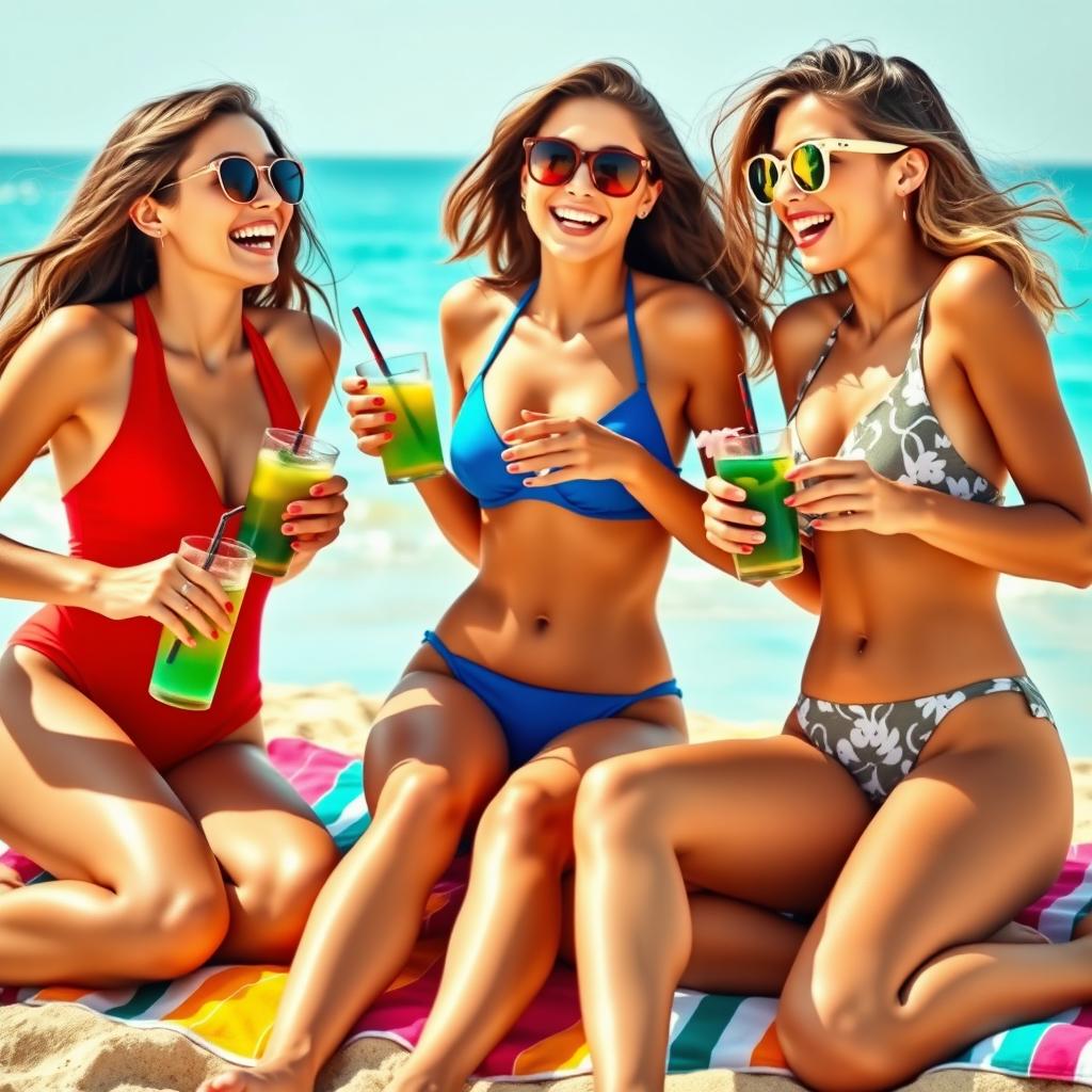 A vibrant and lively scene featuring three attractive young women enjoying a sunny day at the beach