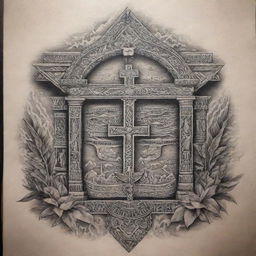 Detailed and intricate Polynesian tattoo design showcasing the Ark of the Covenant and a small cross on top. It should also incorporate the word 'GOD' in Hebrew letters.