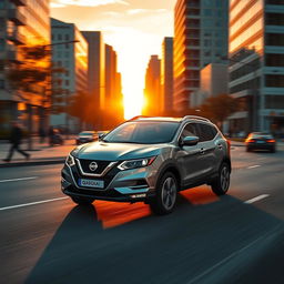 A hyper-realistic depiction of a Nissan Qashqai driving along a city road during the golden hour